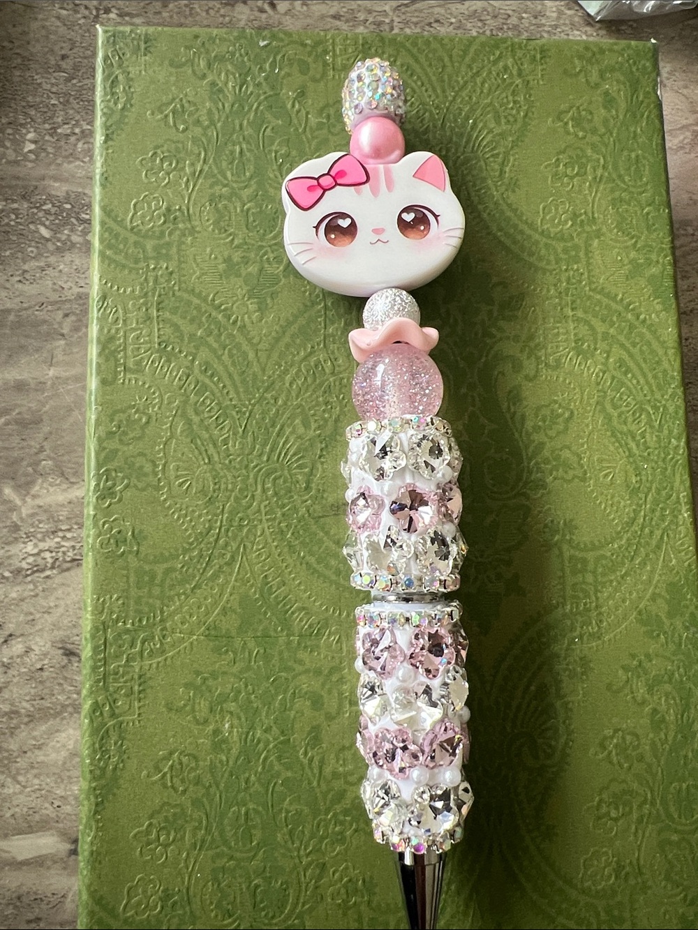 Cute Pink Cat Beaded Pen novelty black ink bow rhinestone bling
